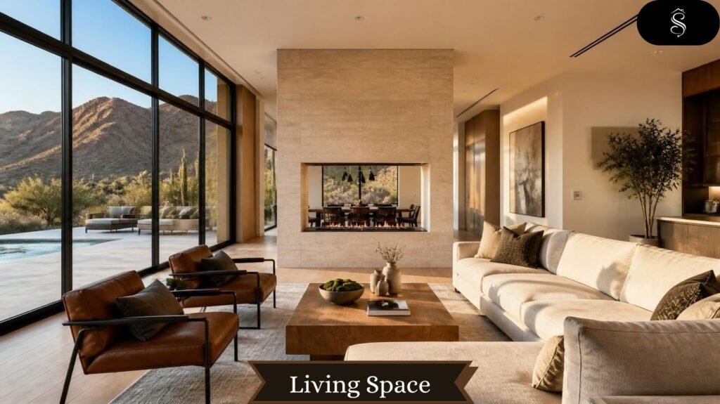 Modern living room with see-through fireplace and floor-to-ceiling windows overlooking the Arizona desert