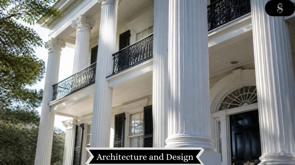 Close-up of white columns, black shutters, and balcony of a plantation-style mansion