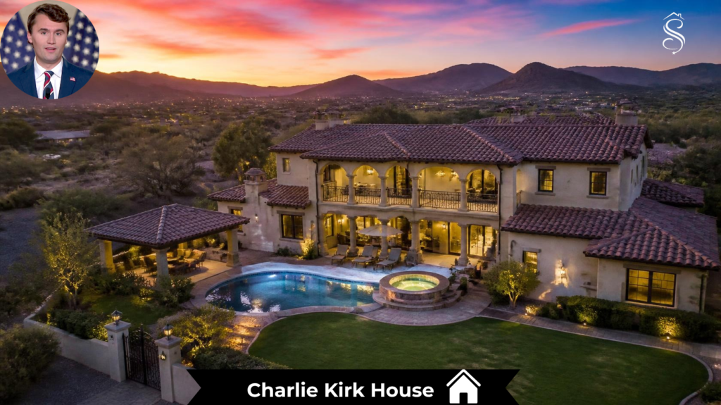 Charlie Kirk house aerial dusk view of $6.5M Spanish Colonial mansion in Scottsdale Silverleaf with pool and mountain backdrop