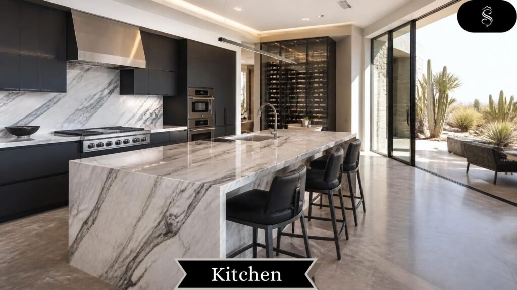 Modern kitchen with marble waterfall island, black cabinets, and glass doors to a patio