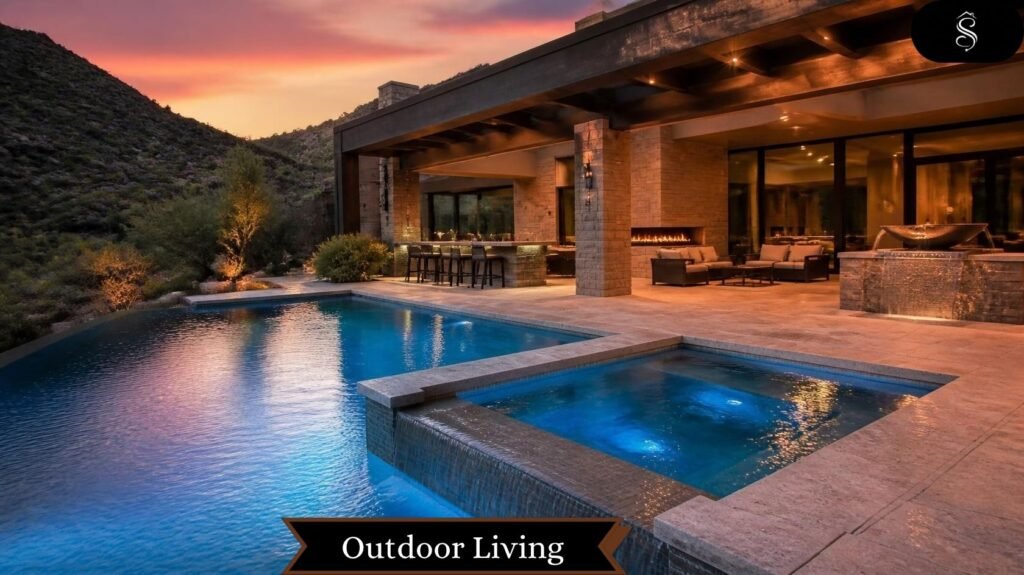 Twilight view of a desert mansion's infinity pool, outdoor bar, fireplace, and fountain