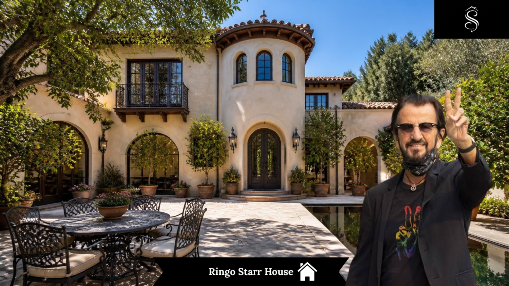 Ringo Starr house daytime courtyard view of $14M Mediterranean estate in Beverly Hills Trousdale Estates