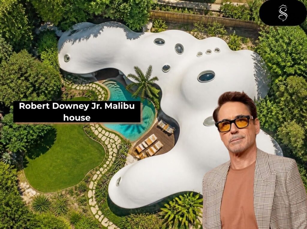 Aerial view of Robert Downey Jr.'s Malibu house featuring the curved white Binishell dome roof with oval skylights, a turquoise pool, palm trees, and lush greenery
