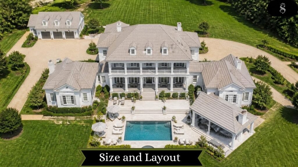 Aerial view of a 35,000 square foot style mansion showing main house, wings, garage, and pool