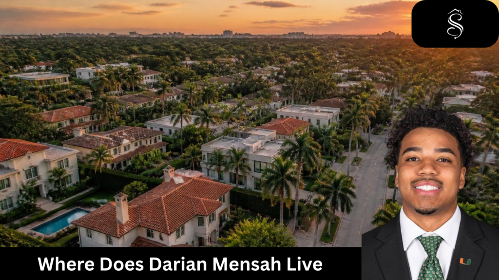 Darian Mensah smiling in Miami Hurricanes suit with aerial view of upscale Florida neighborhood in background