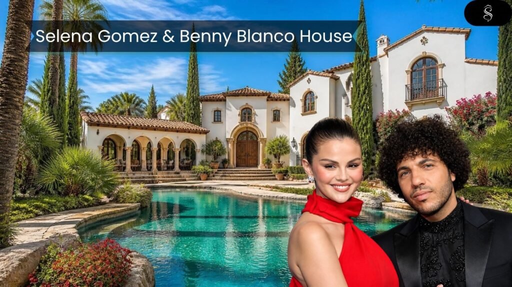 Illustrative Spanish-style Beverly Hills mansion with arched balconies, a tile roof, and a pool