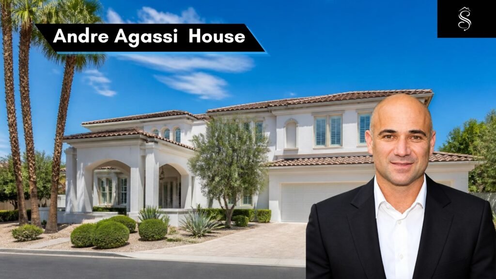 Andre Agassi House featured image showing a luxury two-storey white Las Vegas home with terracotta tile roof and palm trees, with a man in a black suit in the foreground