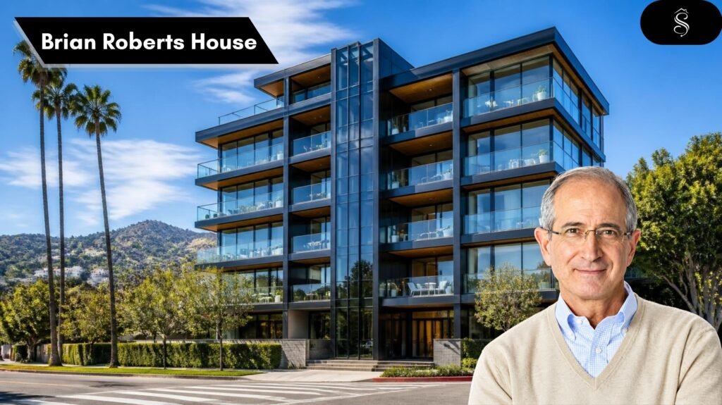 rian Roberts House featured image showing a modern glass condominium tower with balconies and palm trees in West Hollywood, with a man in a beige sweater in the foreground