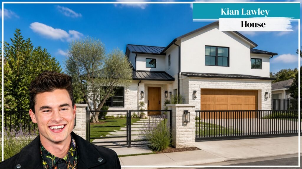 Kian Lawley house featured image showing a modern white stone two-storey home with a black metal roof, wood garage door and black fence, with a smiling man in a black jacket in the foreground