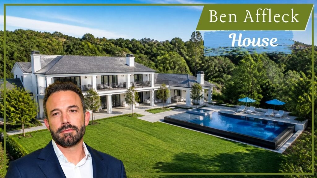 Ben Affleck house graphic showing a large white luxury mansion with a green lawn and infinity pool in the Los Angeles hills