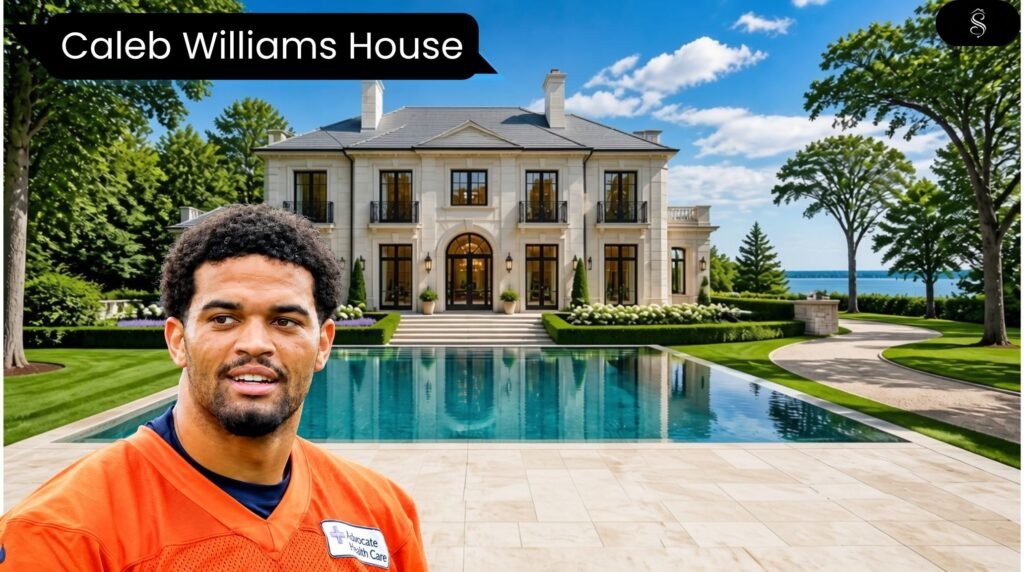 Luxury lakefront mansion with a limestone facade and infinity pool in Lake Forest, Illinois, representing the Caleb Williams house