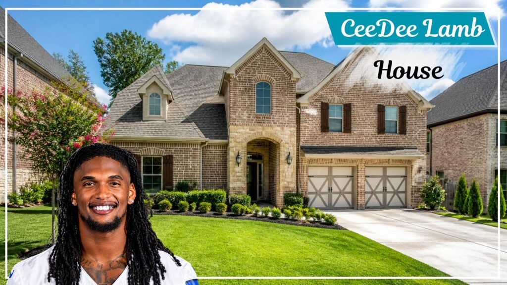 CeeDee Lamb house graphic showing a two-story brick home with a two-car garage and green lawn in North Texas