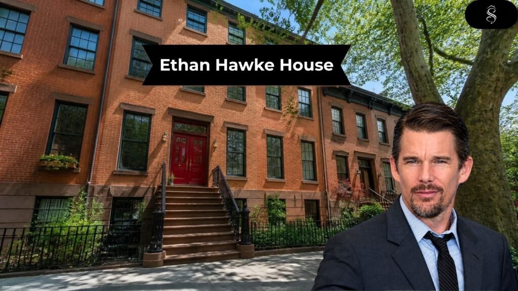 Red brick townhouse with a red front door and stoop on a tree-lined Chelsea street in New York City