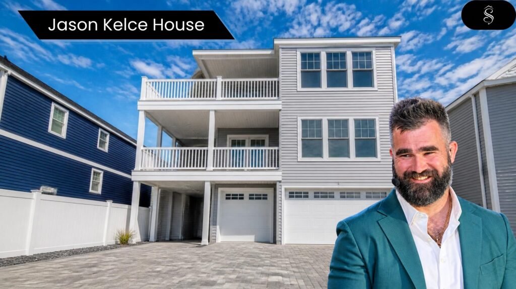 Jason Kelce House graphic showing a three-story beach house with white balconies and a double garage, with a smiling bearded man in a teal blazer