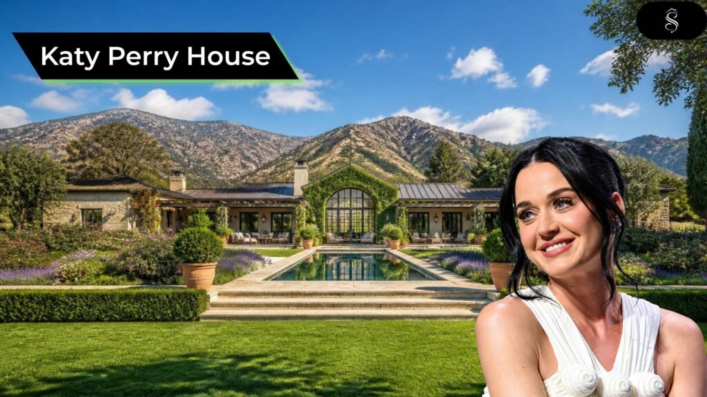 Katy Perry house in Montecito, a Mediterranean-style estate with an ivy-covered arched entrance, reflecting pool, lavender gardens, and mountain views