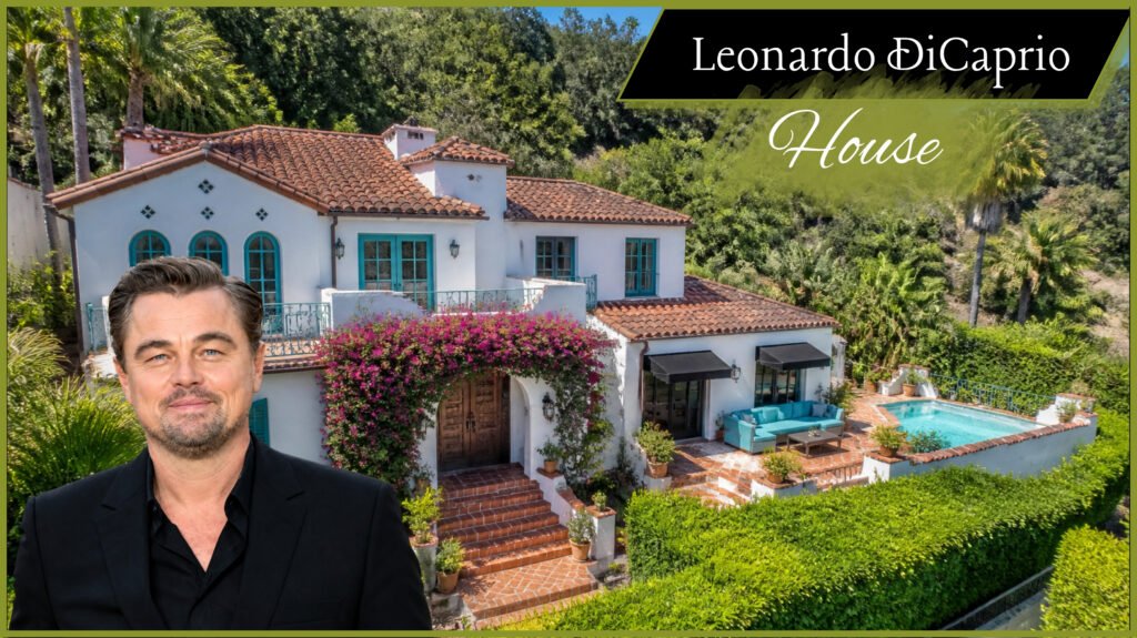 Leonardo DiCaprio house featured image showing a Spanish Colonial hillside home with red tile roof, turquoise shutters and pool, with a man in a black jacket in the foreground