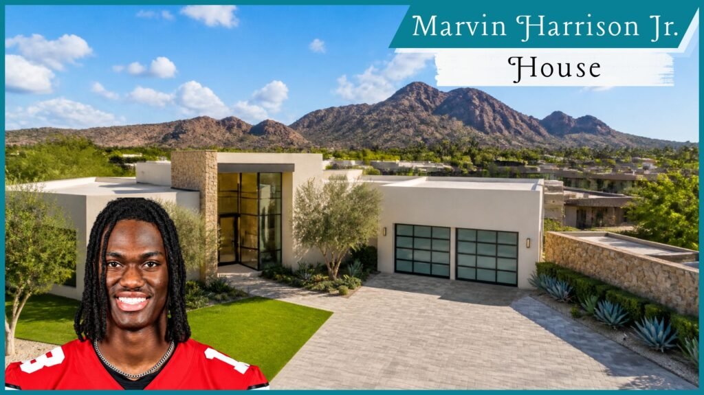 Marvin Harrison Jr. house graphic showing a modern single-story luxury home in Paradise Valley, Arizona with stone accents and mountain views
