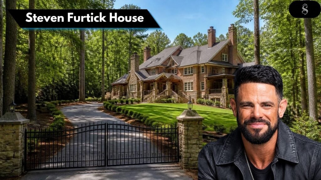 Steven Furtick house featured image showing a brick and stone Craftsman mansion behind a black iron gate and stone pillars, surrounded by tall green trees in North Carolina, with a smiling bearded man in a black jacket in the corner