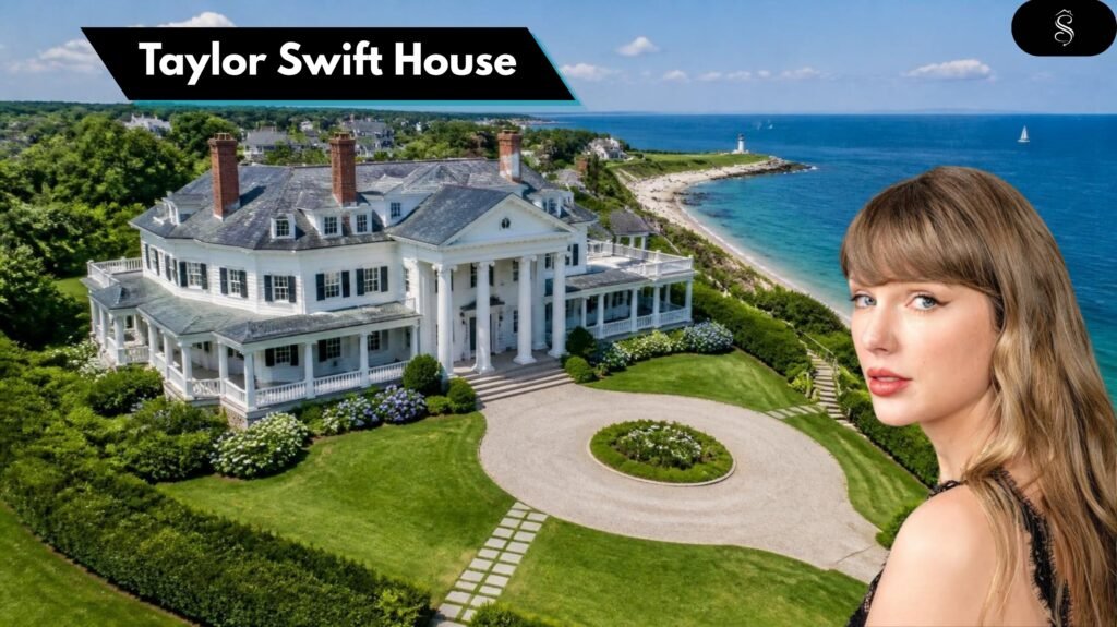 Aerial view of a white Colonial Revival oceanfront mansion with a manicured lawn and sandy beach in Watch Hill, Rhode Island