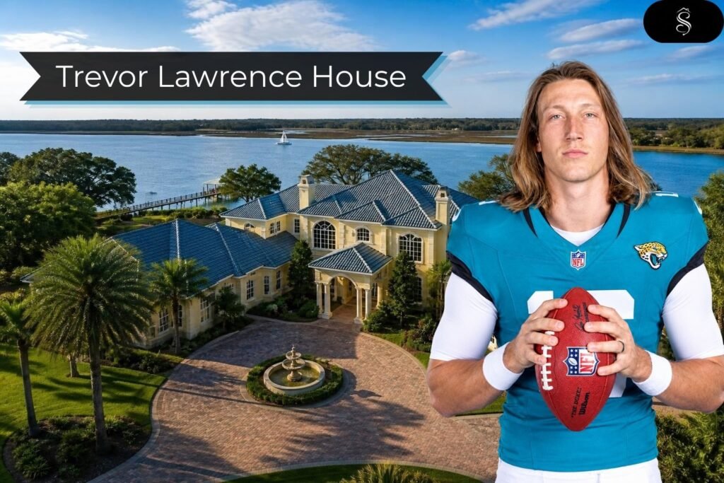 Aerial view of the Trevor Lawrence house, a cream stucco waterfront mansion in Jacksonville, Florida