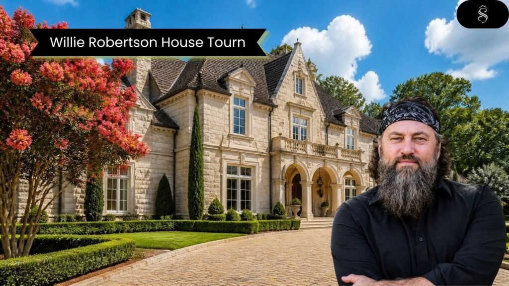 Luxury limestone chateau-style mansion with arched entrance, slate roof and manicured lawn on a sunny day